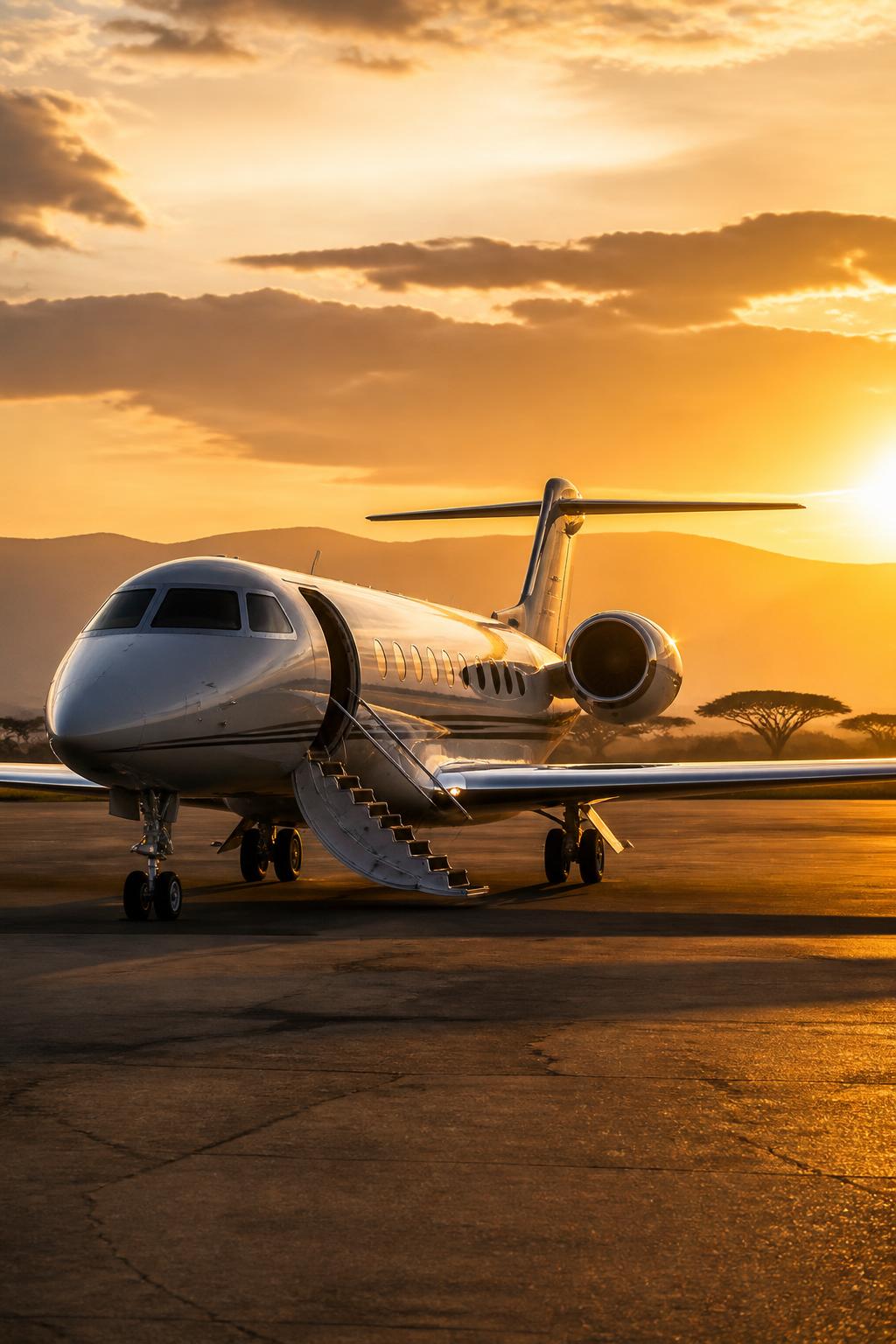 Private jet at Nairobi airstrip at golden hour